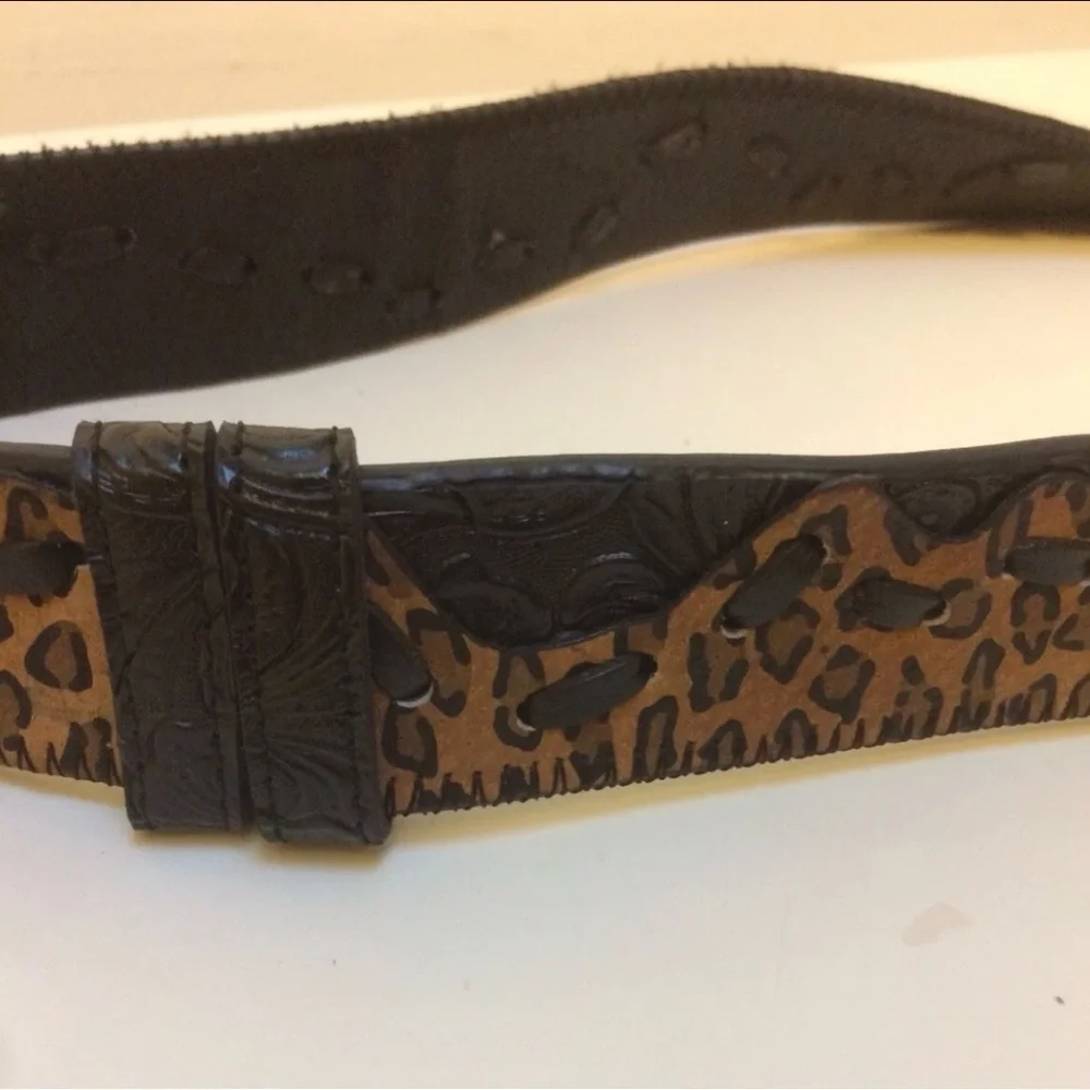 Chico's tooled black leather belt  Leopard Pattern etched brass buckle